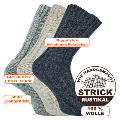 Dicke rustikale mollig-warme Socken 100% Wolle vom Schaf und Alpaka