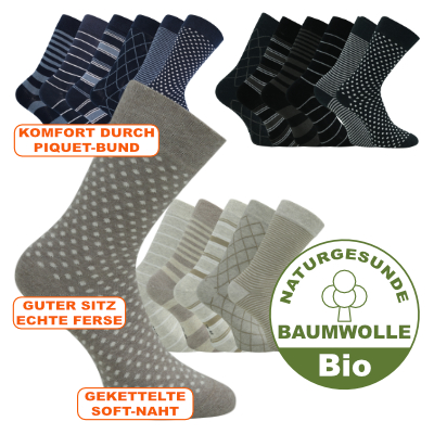 Bequeme naturgesunde Herren Bio-Baumwolle Socken mit Streifen und Muster