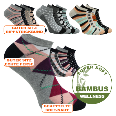 Dünne Bambus Sneakersocken mit farbenfrohen Mustern für Damen