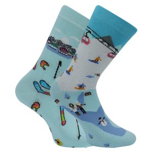 Stimmige Wintersport Motiv-Socken ausgefallenes Design Sessel-Lift Skifahrer mit viel Baumwolle