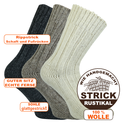 Rustikale dicke Schafwollsocken mollig-warme 100% Virgin Wool