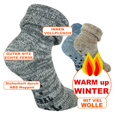 Dicke kuschelweiche mollig-warme Wollsocken mit rutschhemmenden ABS-Noppen