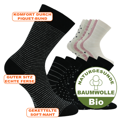 Angenehm bequeme naturgesunde Damen Bio-Baumwolle Socken mit Streifen und Muster