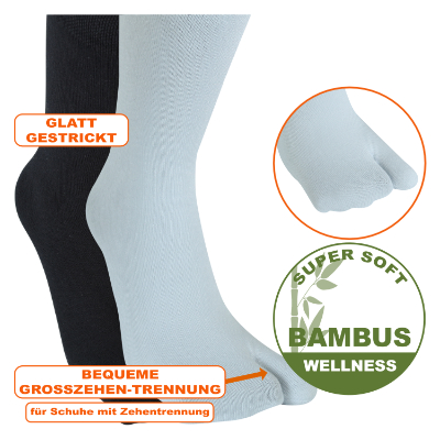 Supersofte Zehentrenner-Socken Flip-Flop aus Bambus-Viskose schwarz oder weiß