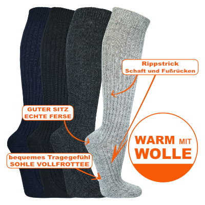 Warme griffige Norweger Wolle Kniestrümpfe mit Vollfrottee-Fußbett-Polsterung