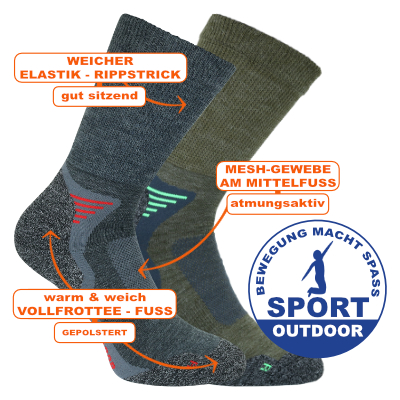 Atmungsaktive Outdoor Trekking Socken mit Merino-Wolle und Vollfrottee-Zonen 
