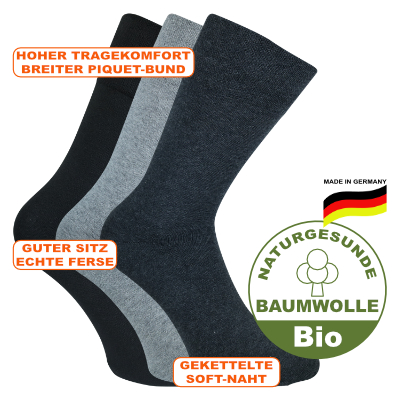 Deutsche Komfort Herrensocken mit Bio Baumwolle ohne Gummidruck