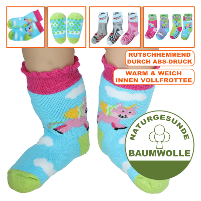 Baby Socken mit Vollfrottee und ABS-Noppen Ringel - Einhorn