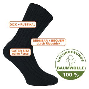 Dicke 100% Baumwolle Socken in schwarz - 3 Paar