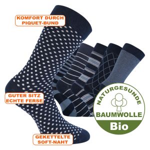Fußgesunde Herren Bio Baumwolle Socken marine-mix mit Linien und Muster