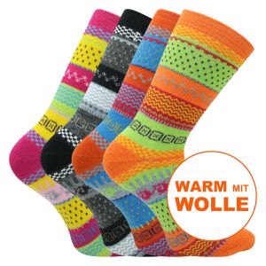 Hygge Socken mit flauschiger Wolle im fröhlich bunten Skandinavien Design - 2 Paar