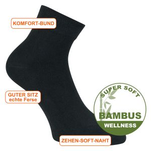 Kurzschaft Bambus Wellness Socken schwarz - 3 Paar