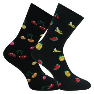 Lustige schwarze Motiv Socken bunter Obstgarten Kirsche, Ananas, Banane und Co. mit viel Baumwolle