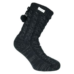 Warme Skechers Teddy-Fleece Damen Homsocks mit Glitzer und Zierbommeln schwarz