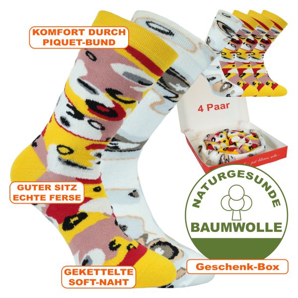 4 Paar lustige PIZZA SOCKS Motiv-Socken im Pizzakarton Geschenkschachtel