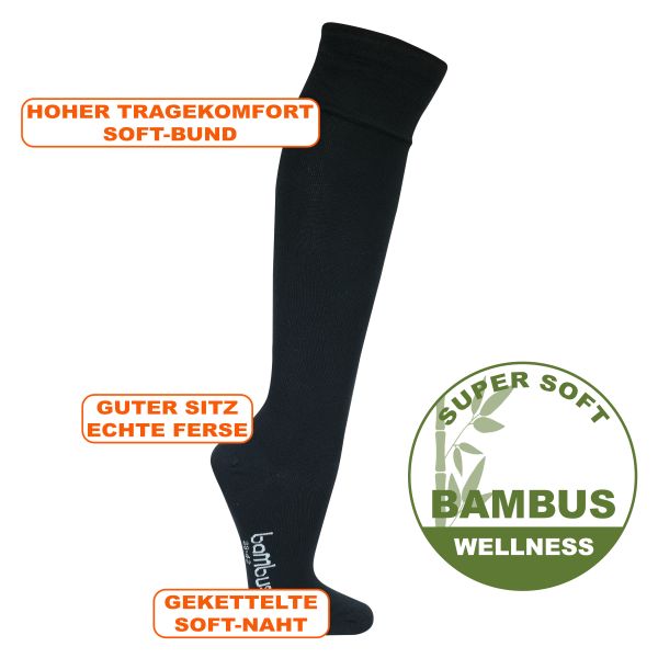 Samtweiche schwarze Bambus Kniestrümpfe ohne Gummidruck