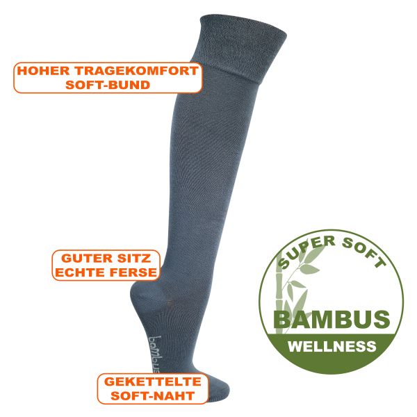 Samtweiche Bambus Kniestrümpfe ohne Gummidruck stahlgrau