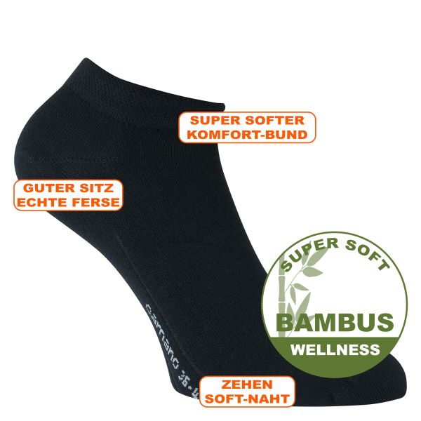 Bambus Sneakersocken ohne Gummidruck schwarz - camano