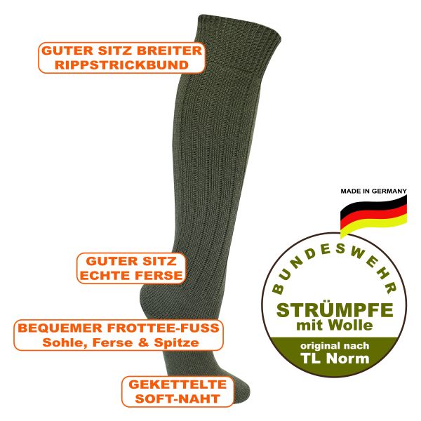 Bundeswehr Frottee-Kniestrümpfe oliv-grün mit viel Merinowolle - 1 Paar