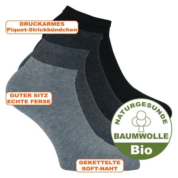 Bequeme naturgesunde BIO-Baumwolle Sneakersocken grau-mix Apollo