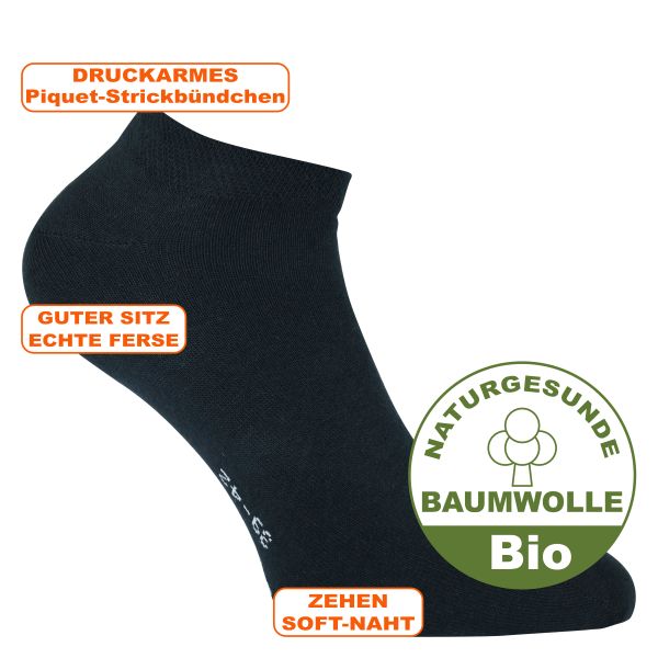 Bequeme naturgesunde Apollo BIO-Baumwolle Sneakersocken schwarz