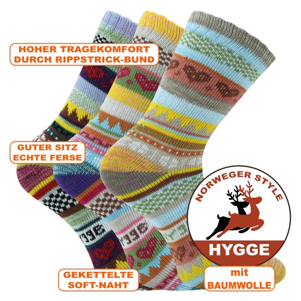 Farbenfrohe Damen Hygge Socken mit viel Baumwolle im Skandinavien Style