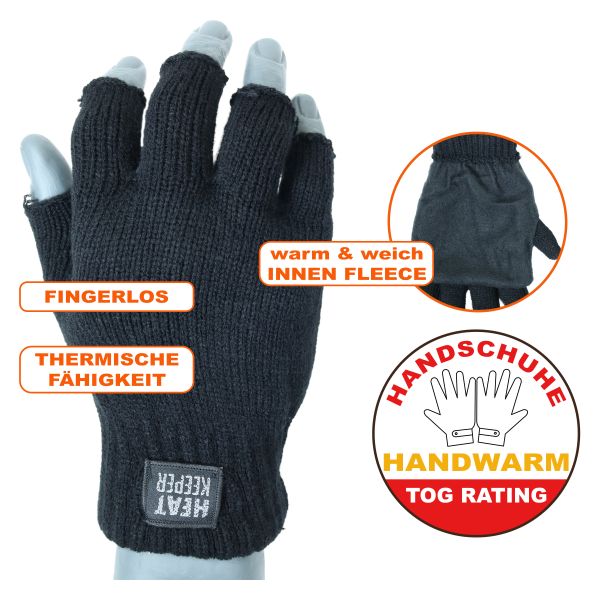 Heat Keeper fingerlose Strick Herren Handschuhe schwarz TOG Rating 1.9