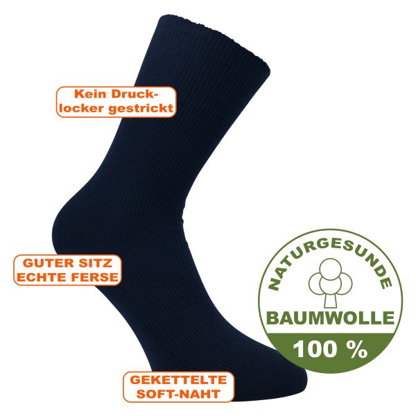Herren Wellness Socken 100% Baumwolle ohne Gummi in marine