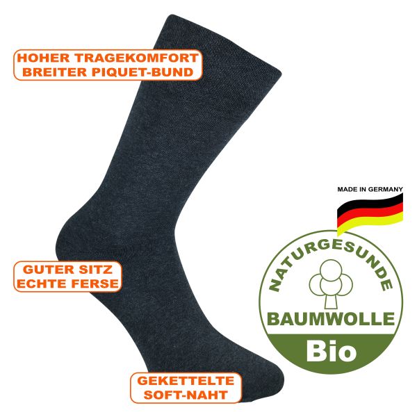 Deutsche  Komfort Herrensocken anthrazit mit Bio Baumwolle ohne Gummidruck