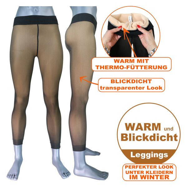 Blickdichte mollig warme und weiche Damen Thermo-Leggings im transparenten 20 DEN Look