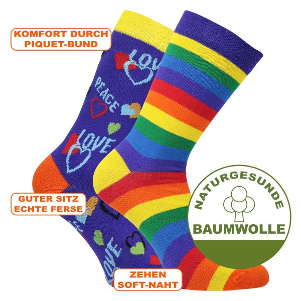 Knallbunte Regenbogen-Ringel-Strümpfe Love Peace Socken mit viel Baumwolle
