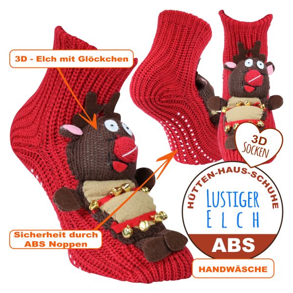 Lustige ABS Noppensocken Weihnachts HOMESOCKS mit 3D-Wintermotiv Elch