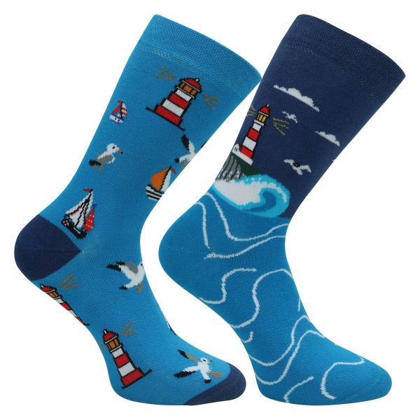 Blaue Motiv Socken Urlaubsstimmung mit Meer, Wellen, Boote, Leuchtturm