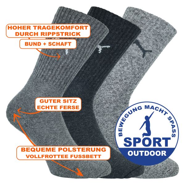 Puma Sport-Socken mit weicher schweißaufsaugender Frottee-Fußbettpolsterung anthrazit-melange-mix