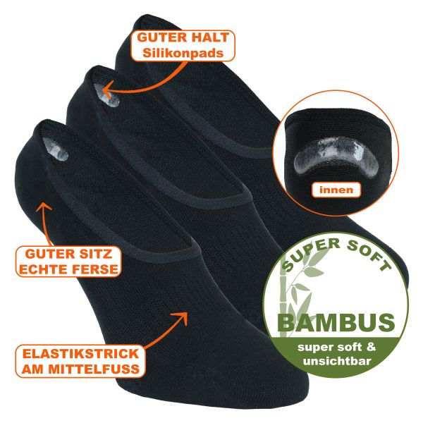 Invisible schwarze Bambus Footies Füßlinge mit Silicon-Pad