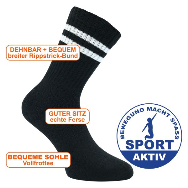 Stylische Crew Socks Sportsocken schwarz mit weißen Ringeln mit viel Baumwolle