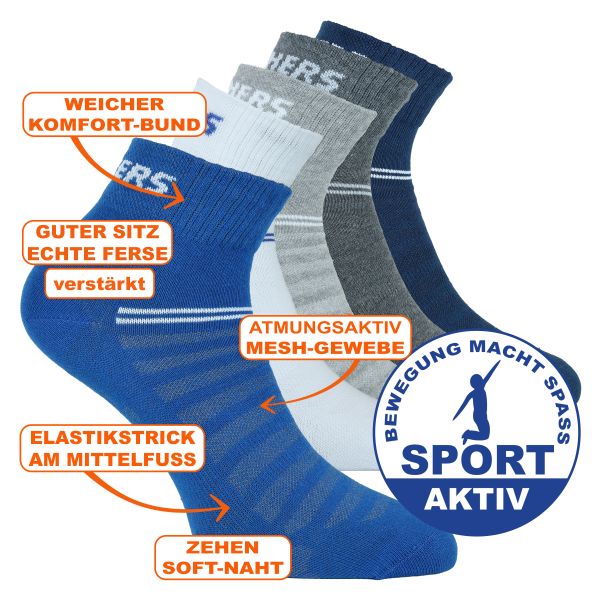 Skechers Sport Quarter Kurzsocken atmungsaktiv optimierte Passform grau-blau-weiß