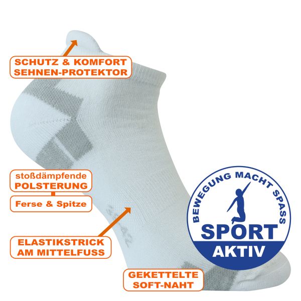 Weiße Sport Sneakersocken mit stoßdämpfenden Polsterzonen und Coolmax
