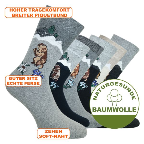Bequeme Alpen-Motiv-Socken Murmeltier Freddy mit Edelweiß