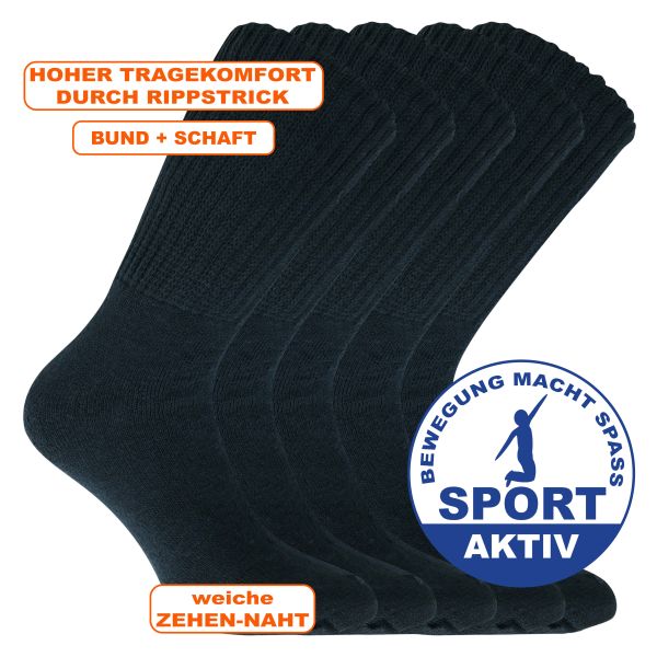 Sport Gesundheitssocken schwarz mit angenehm dehnbarem Schaft bequem am Bein