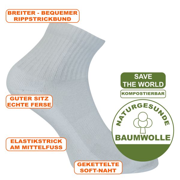 Weiße Sport Kurzsocken -save the world- mit GOTS Bio Baumwolle