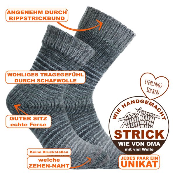 Warme Unikat Lieblings-Wollsocken im Skandinavien-Style wie handgestrickt mit Umschlag grau